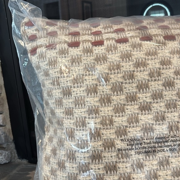 Geometric Tonal Weave Checkered contrast stitching pillow,solid tan zipper back - Picture 9 of 9